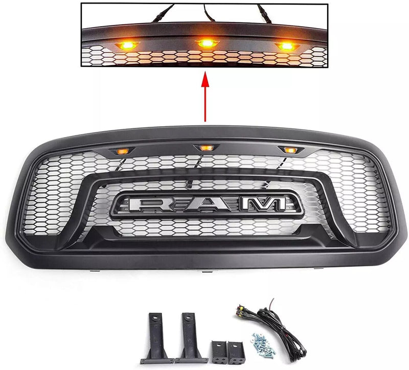 Front Grille with LED Lights Auto Exterior Parts Black with Amber LED Light Beads Compatible with Dodge Ram 1500 2013-2018